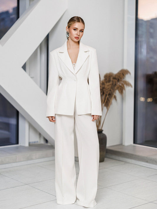 Kaia White Single-Breasted Pleated-Waist Suit 2-Piece