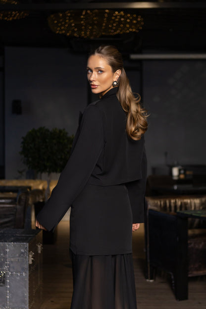 Black Crop Jacket Long Sheer Mini Skirt Suit 2-Piece Suit