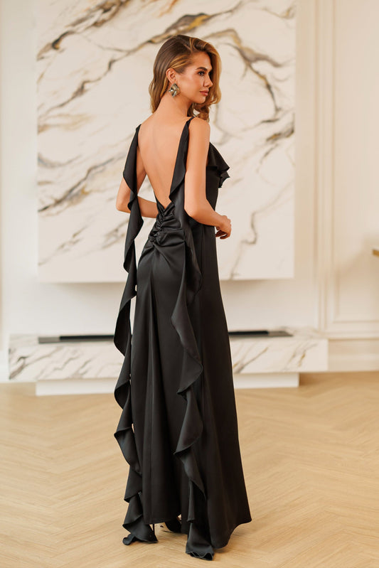Elara Black Ruffle-Trim Open-Back Satin Maxi Dress
