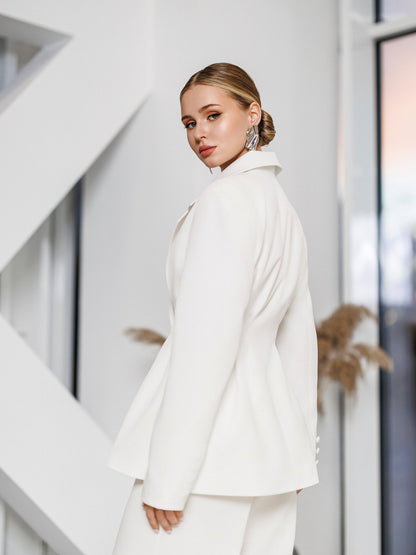 Kaia White Single-Breasted Pleated-Waist Suit 2-Piece