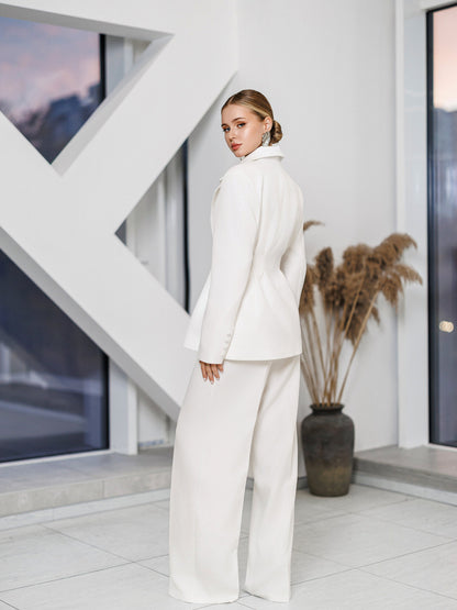Kaia White Single-Breasted Pleated-Waist Suit 2-Piece