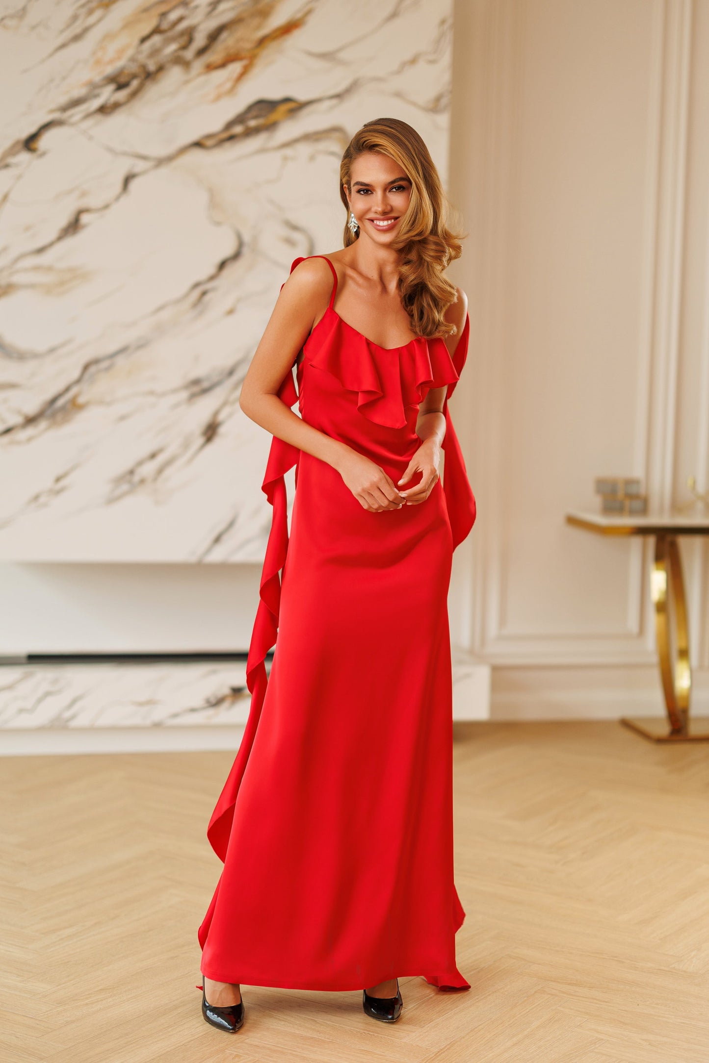 Elara Red Ruffle-Trim Open-Back Satin Maxi Dress