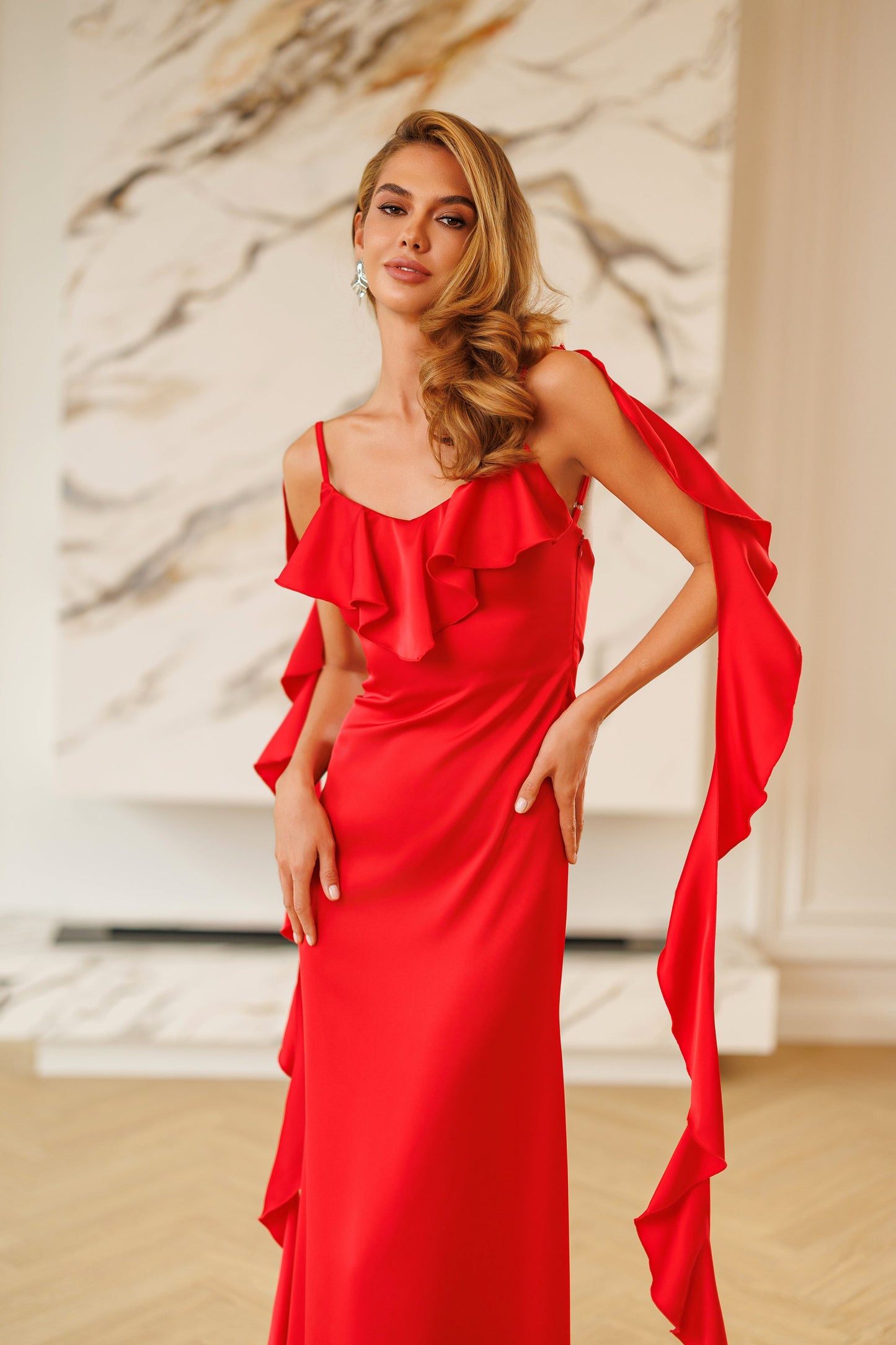 Elara Red Ruffle-Trim Open-Back Satin Maxi Dress