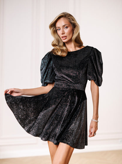 Selene Black Shimmer Puff-Sleeve Open-Back Mini Dress
