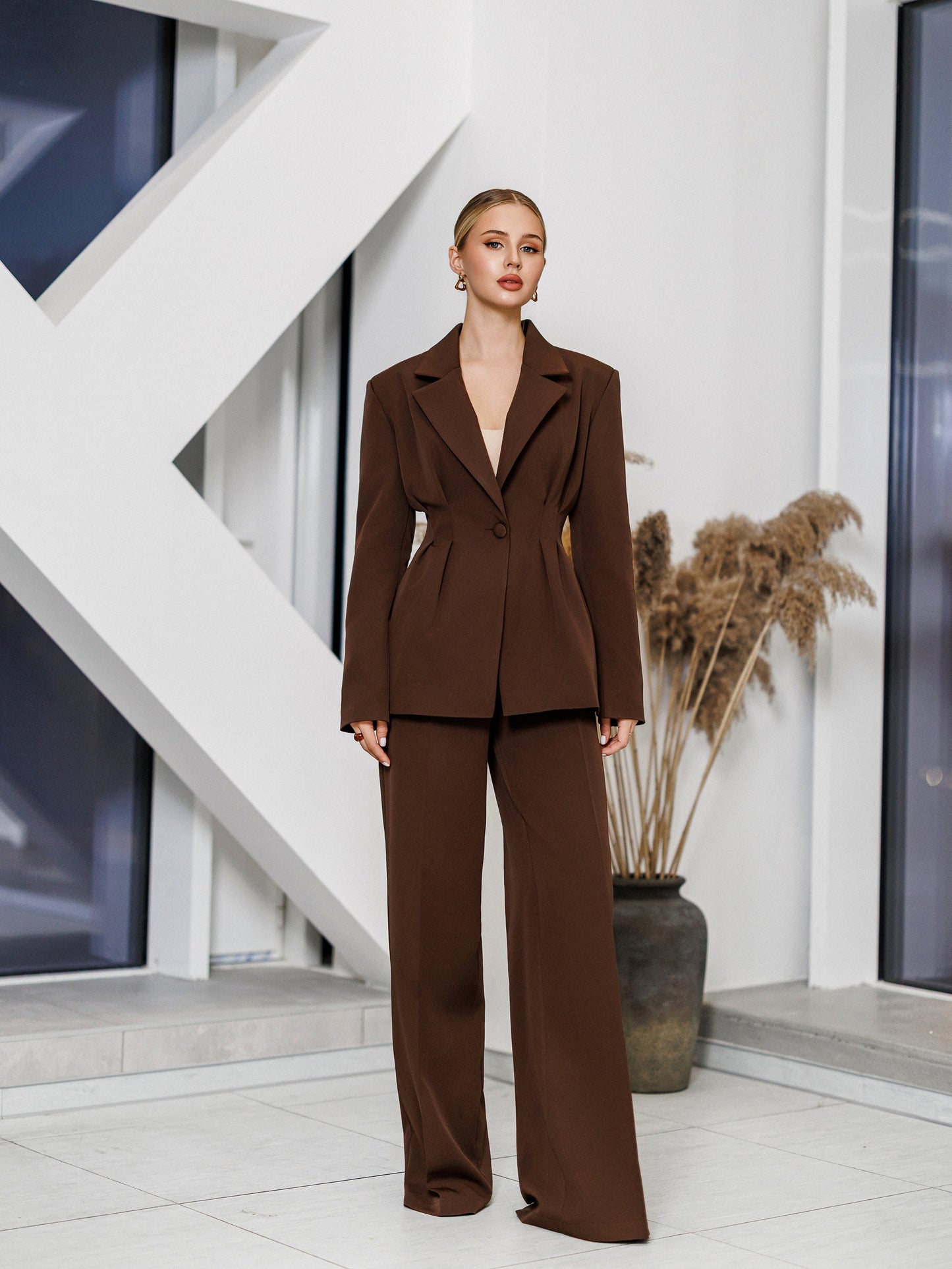 Kaia Brown Single-Breasted Pleated-Waist Suit 2-Piece