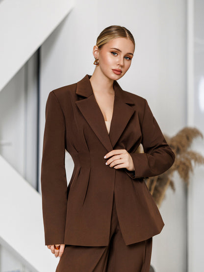 Kaia Brown Single-Breasted Pleated-Waist Suit 2-Piece