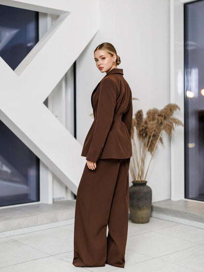 Kaia Brown Single-Breasted Pleated-Waist Suit 2-Piece