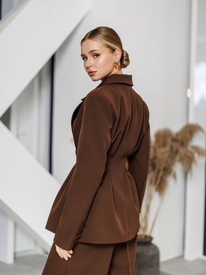 Kaia Brown Single-Breasted Pleated-Waist Suit 2-Piece