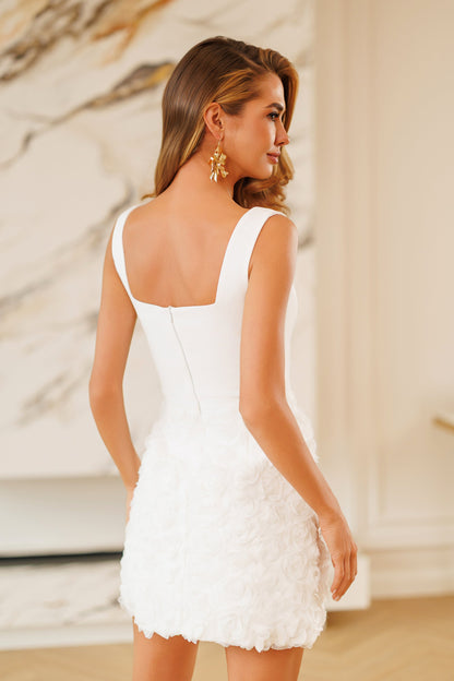 Sienna White Square-Neck Rosette Mini Dress