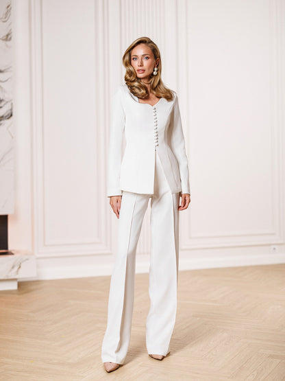 Liora White Button-Front Single-Breasted Suit 2-Piece
