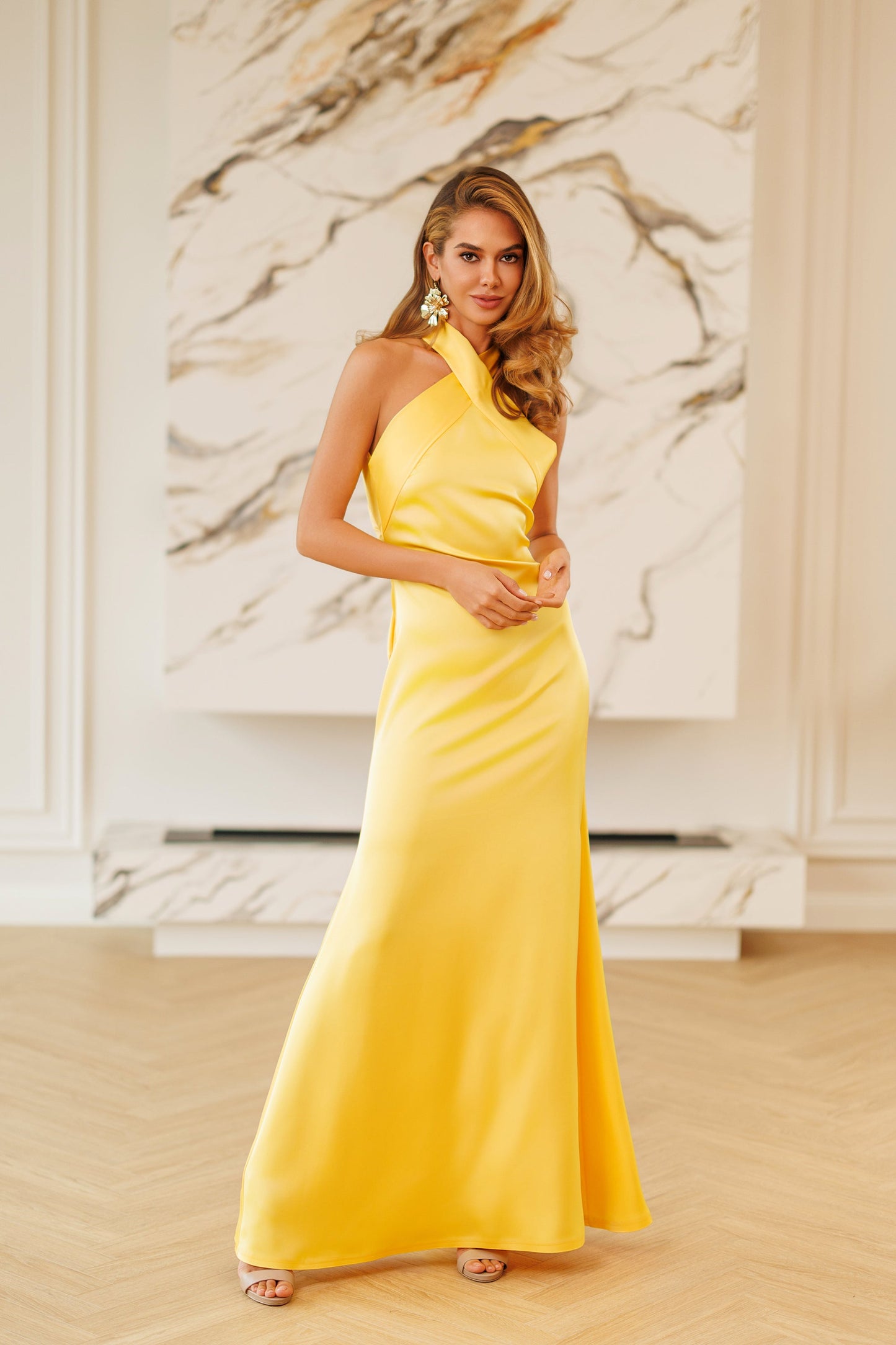 Kaia Yellow Satin Halter-Neck Open-Back Maxi Dress