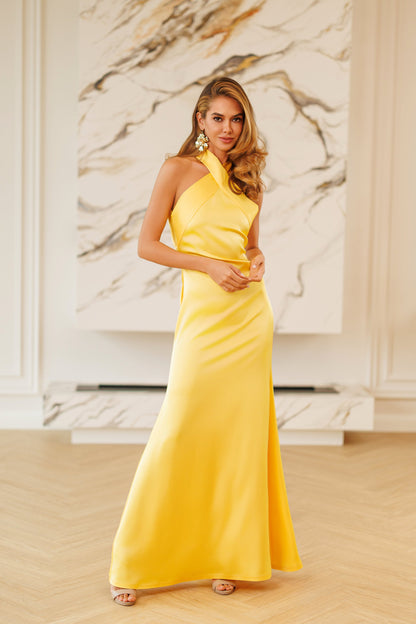 Kaia Yellow Satin Halter-Neck Open-Back Maxi Dress