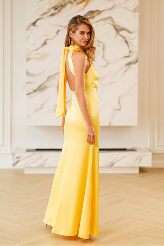 Kaia Yellow Satin Halter-Neck Open-Back Maxi Dress