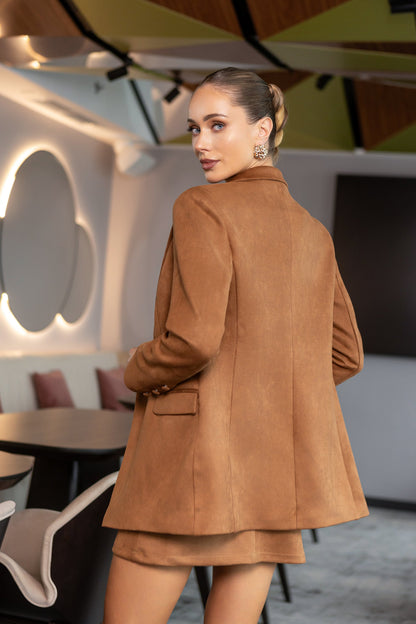 Camel Suede Double-Breasted Jacket Skirt Suit 2-Piece