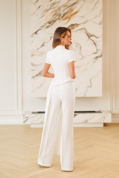 Lea White Asymmetric Draped Top & Pants Set 2-Piece