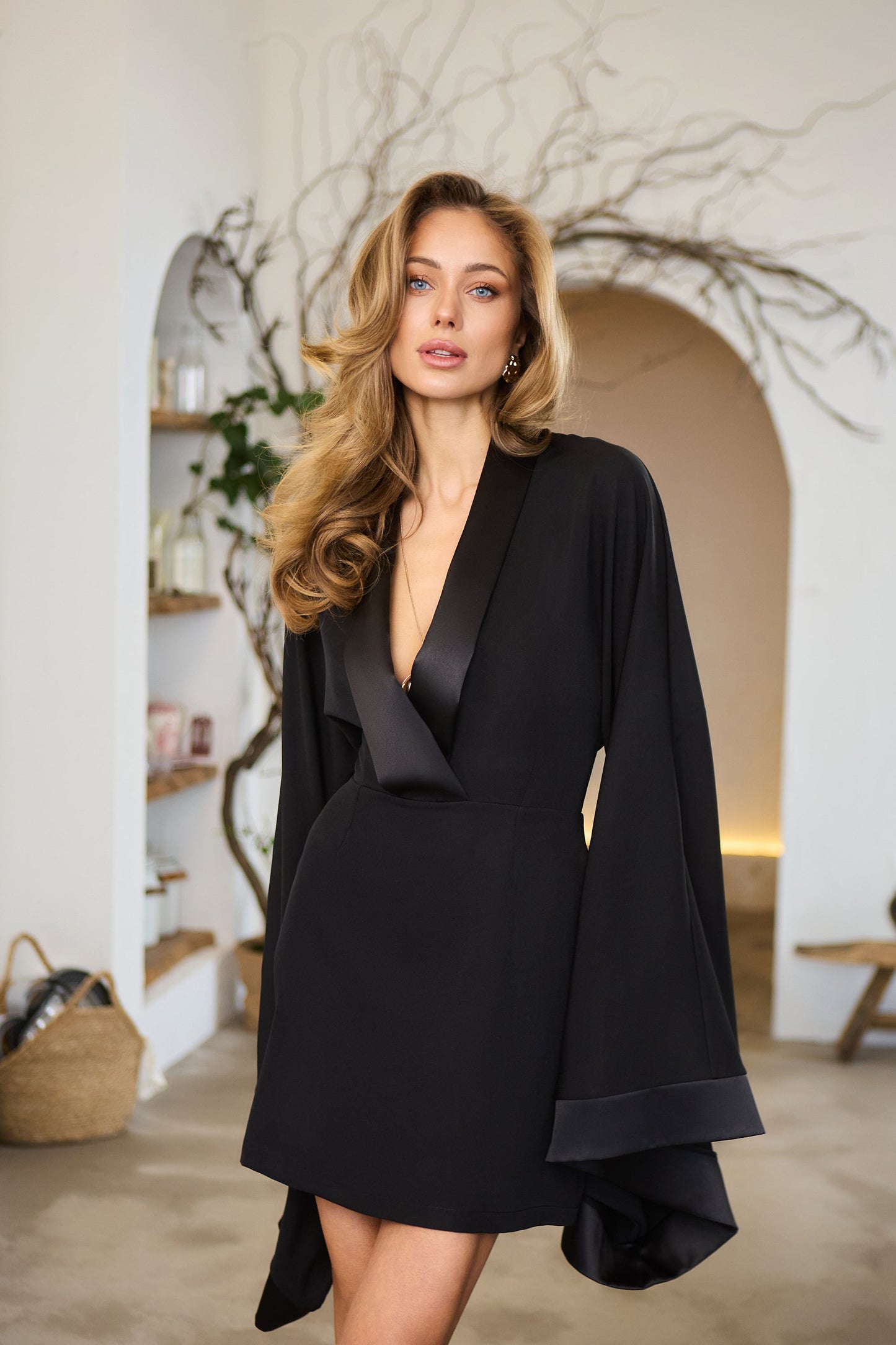 Alexa Black Shawl Collar Cape-Sleeve Belted Dress