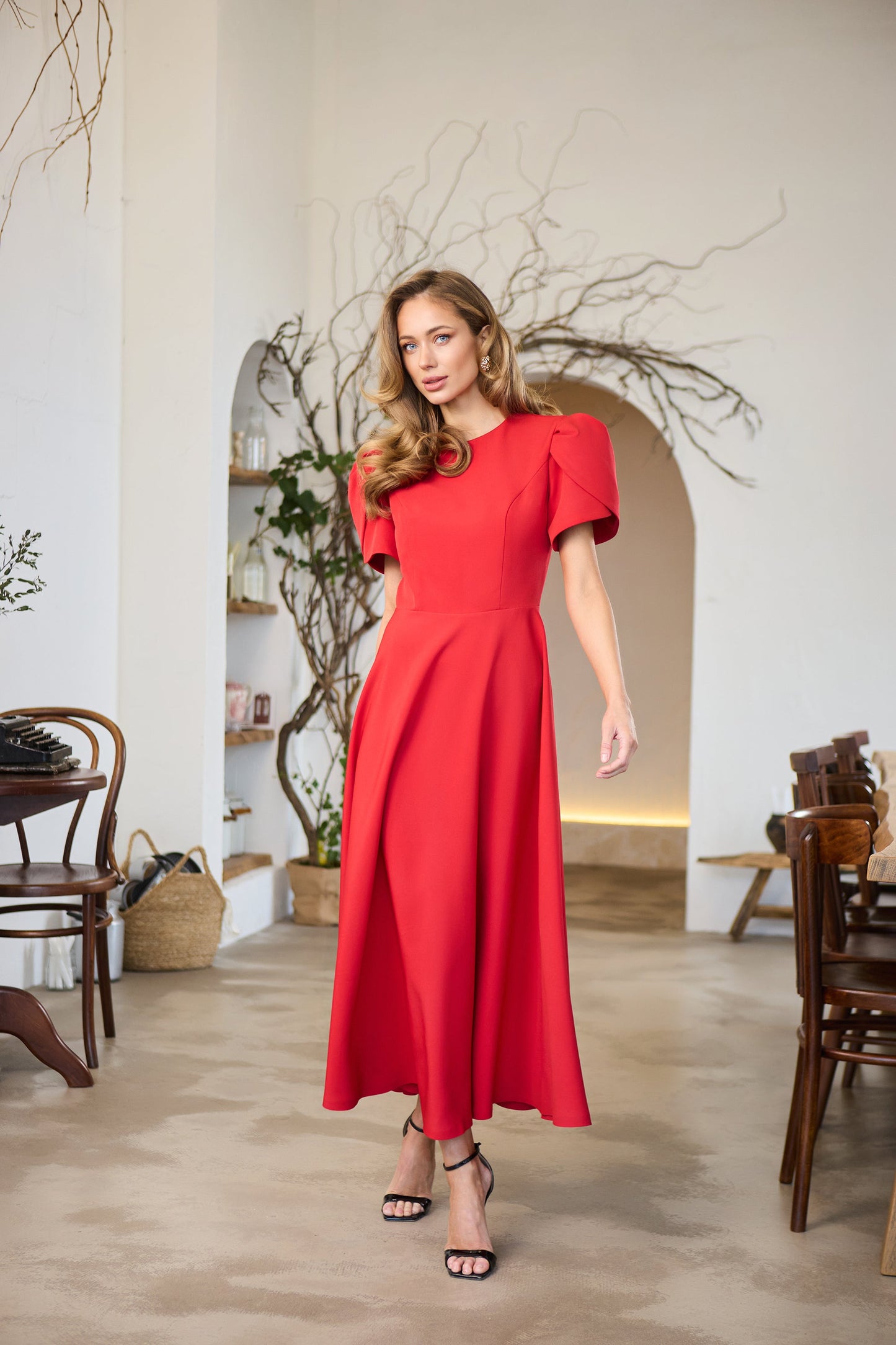 Alexa Red Round Neck Puff-Sleeve Midi Dress
