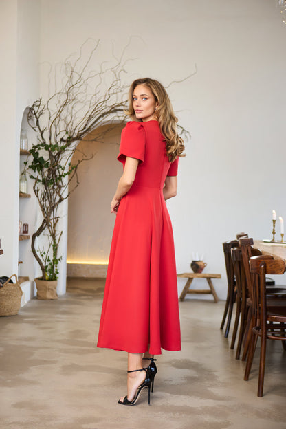 Alexa Red Round Neck Puff-Sleeve Midi Dress