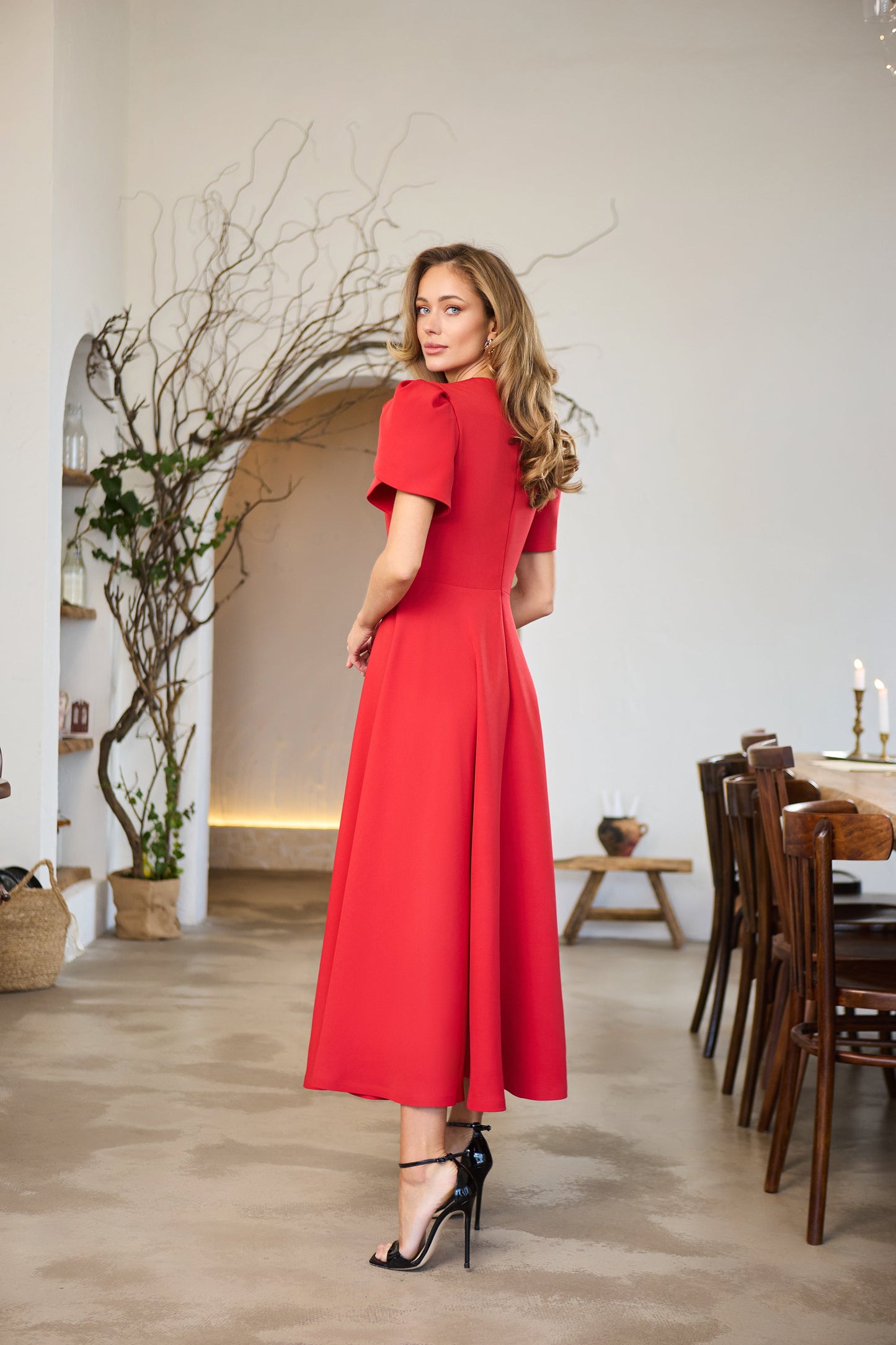 Alexa Red Round Neck Puff-Sleeve Midi Dress