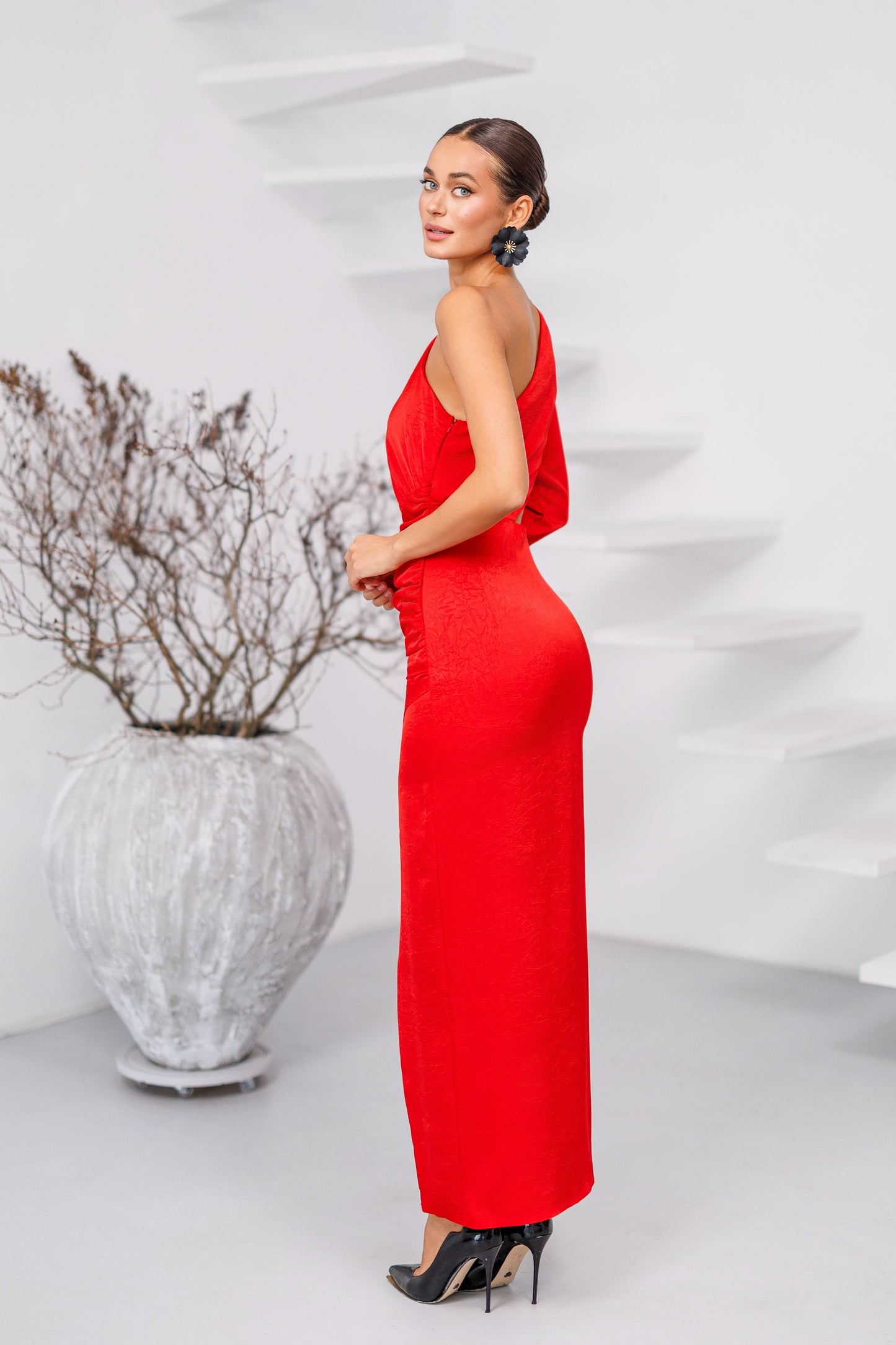 Alexa Red Satin One-Shoulder Cut-Out Midi Dress