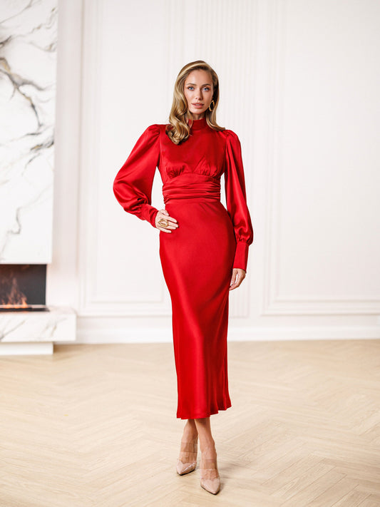 Red Turtleneck Puff-Sleeve Midi Dress