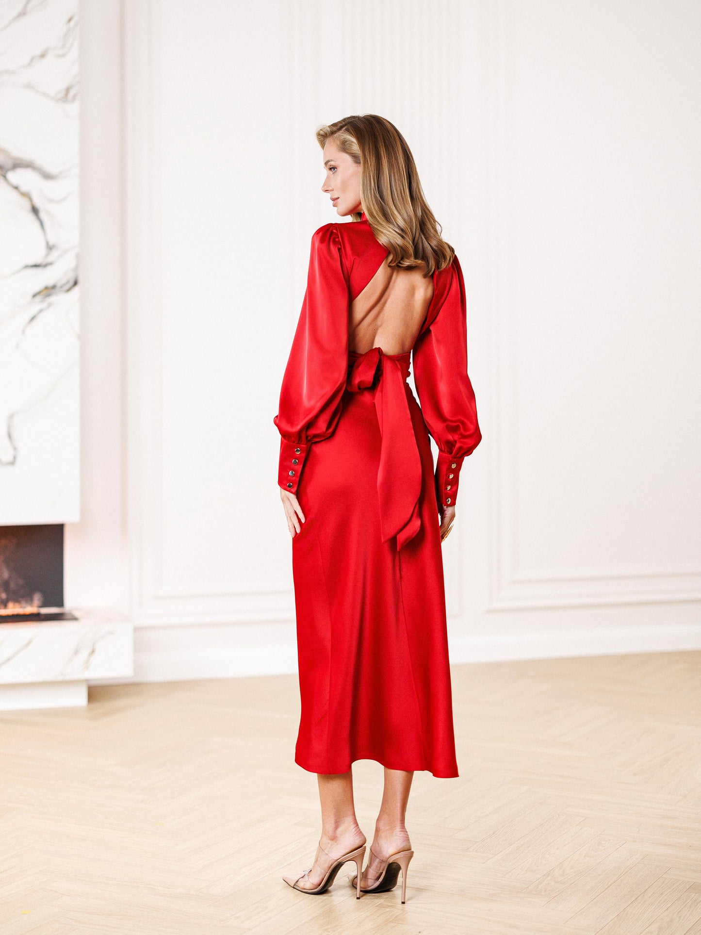 Red Turtleneck Puff-Sleeve Midi Dress