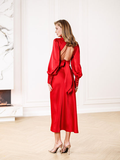 Red Turtleneck Puff-Sleeve Midi Dress