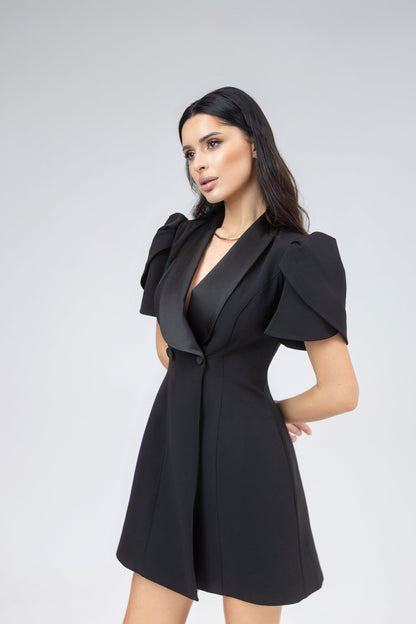 Gloria Black Collared Puff-Sleeve Mini Dress
