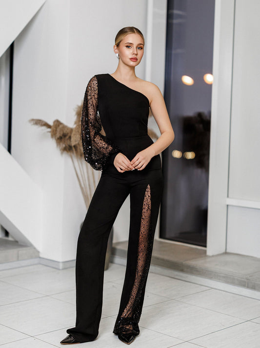 Carina Black One-Shoulder Asymmetric Jumpsuit