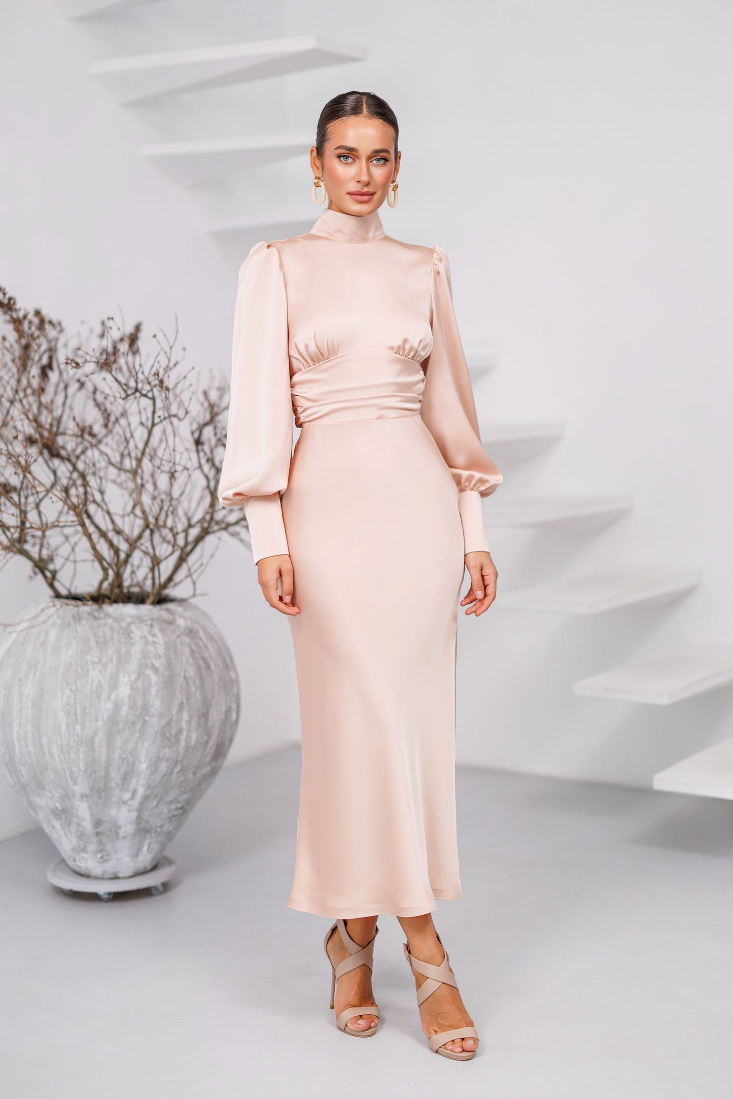 Dusty Pink Satin Turtleneck Puff-Sleeve Midi Dress