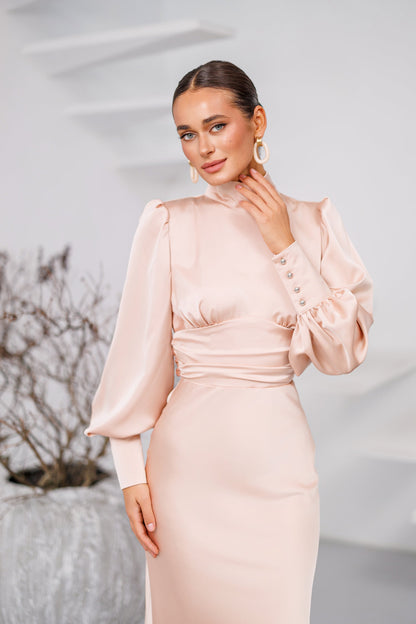 Dusty Pink Satin Turtleneck Puff-Sleeve Midi Dress