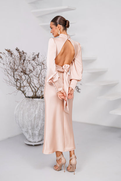 Dusty Pink Satin Turtleneck Puff-Sleeve Midi Dress