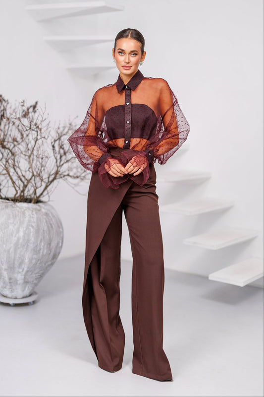 Brown Wrap High Waisted Regular Fit Pants