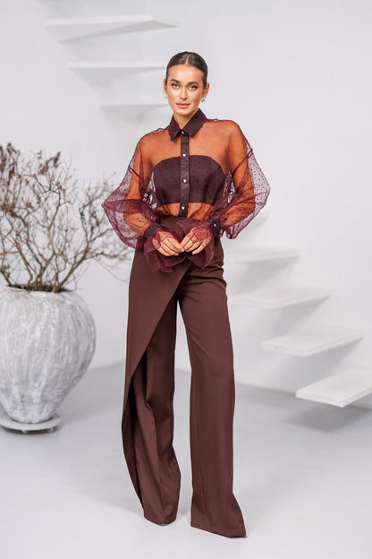 Liora Bordeaux Sheer Organza Polka-Dot Blouse