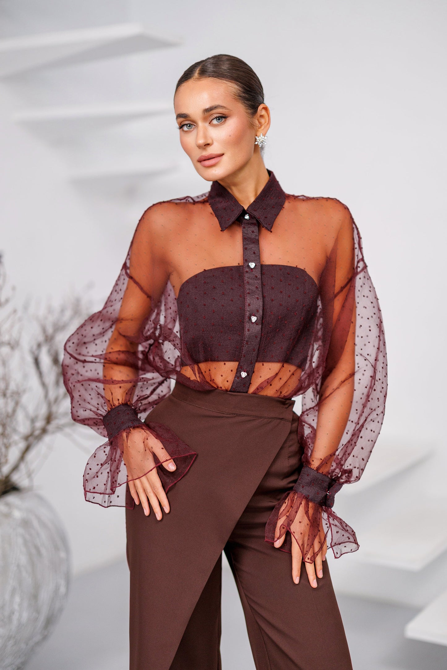 Liora Bordeaux Sheer Organza Polka-Dot Blouse