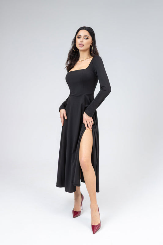 Black Square Neck Long-Sleeve High Slit Midi Dress