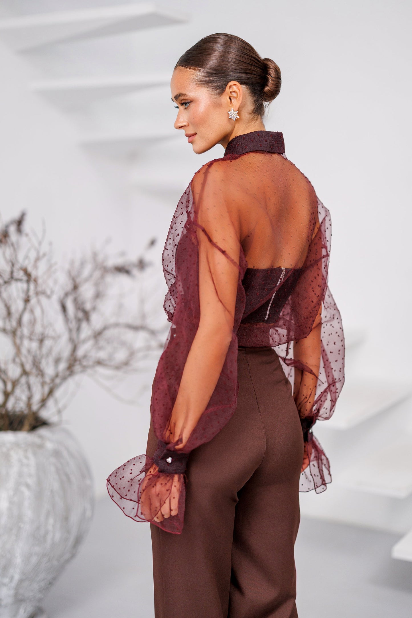Liora Bordeaux Sheer Organza Polka-Dot Blouse