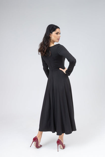 Black Square Neck Long-Sleeve High Slit Midi Dress