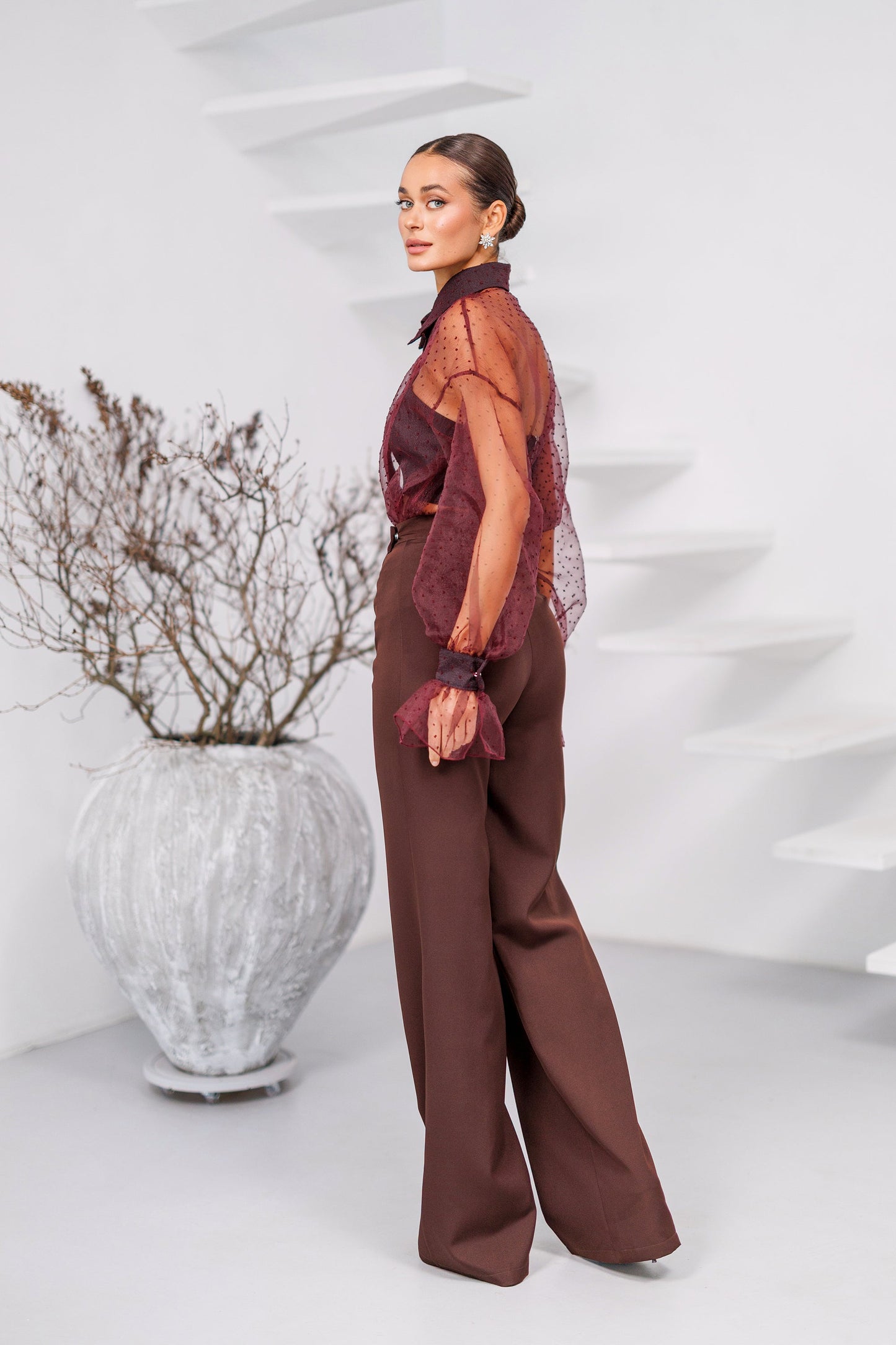 Liora Bordeaux Sheer Organza Polka-Dot Blouse