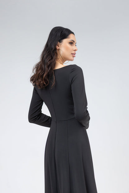 Black Square Neck Long-Sleeve High Slit Midi Dress