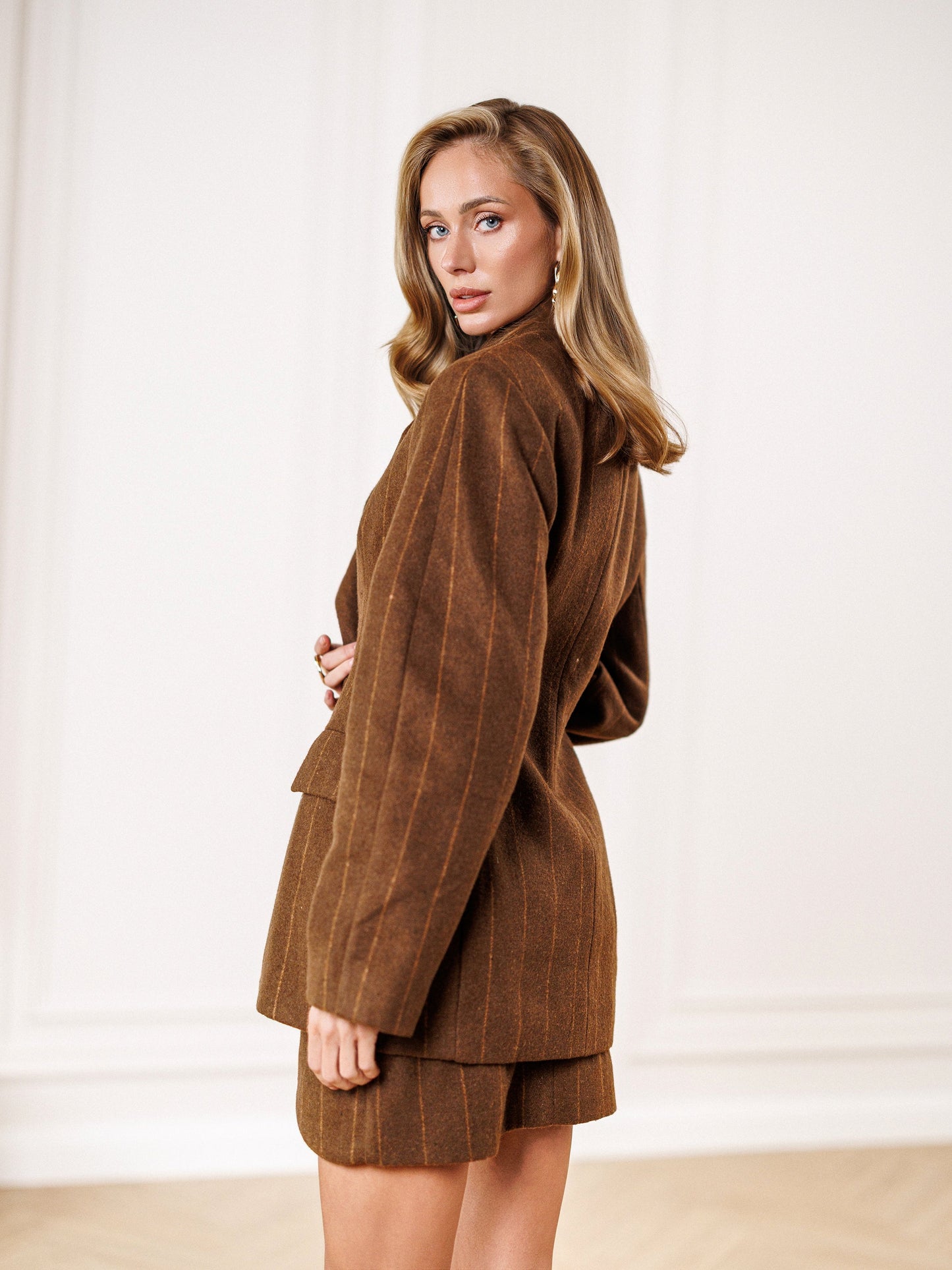 Brown Striped Wool Oversized Jacket Skirt Suit 2-Piece