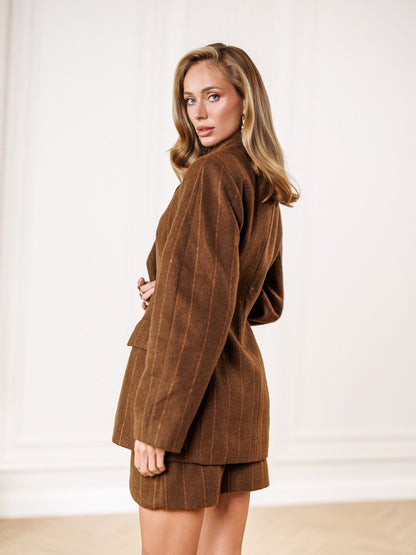 Brown Striped Wool Oversized Jacket Skirt Suit 2-Piece