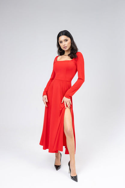 Red Square Neck Long-Sleeve High Slit Midi Dress