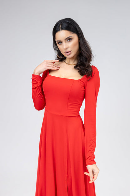 Red Square Neck Long-Sleeve High Slit Midi Dress