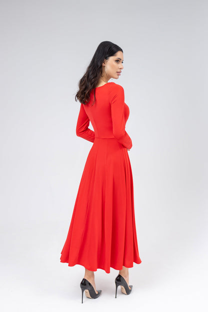 Red Square Neck Long-Sleeve High Slit Midi Dress
