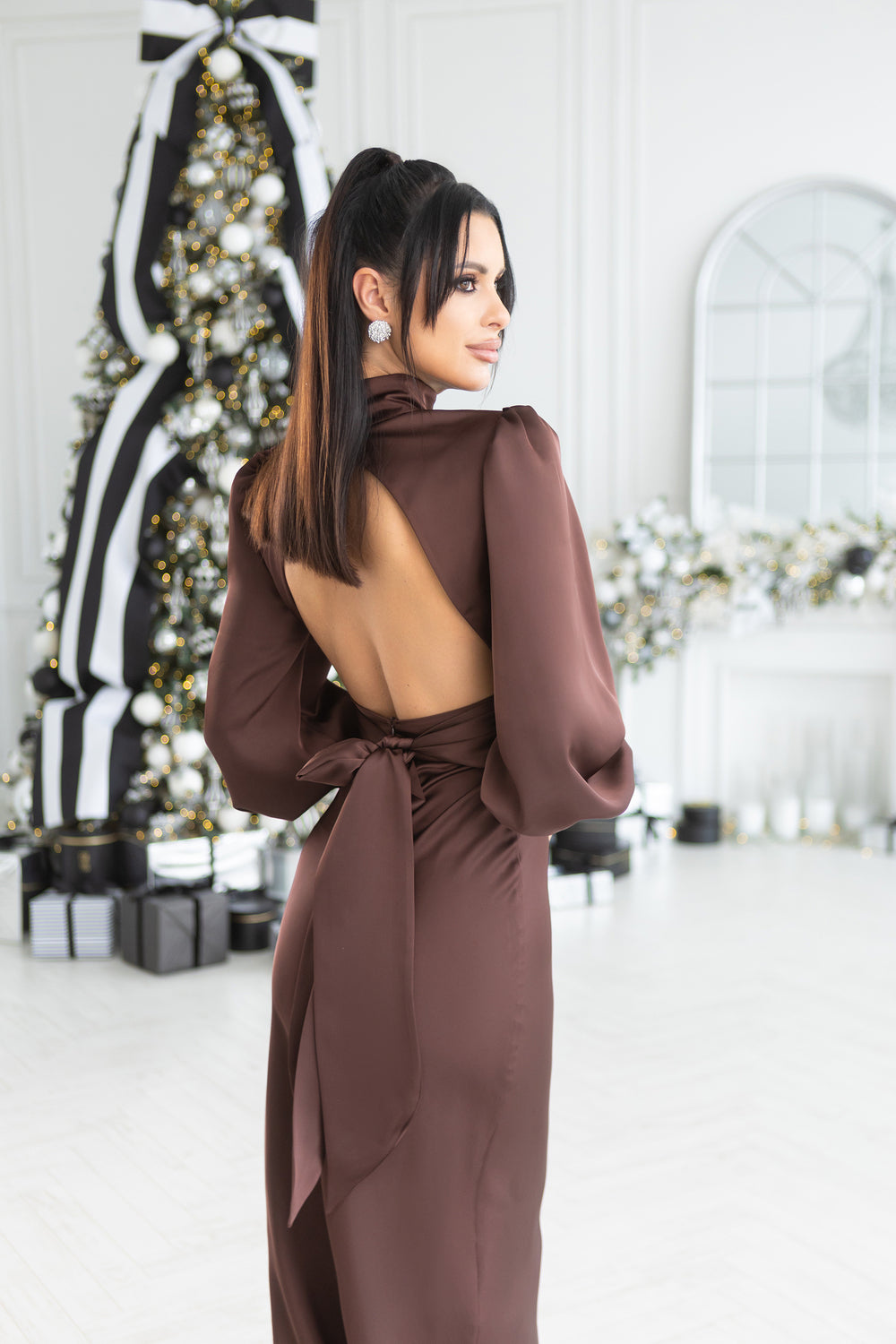 Brown Satin Turtleneck Puff-Sleeve Midi Dress