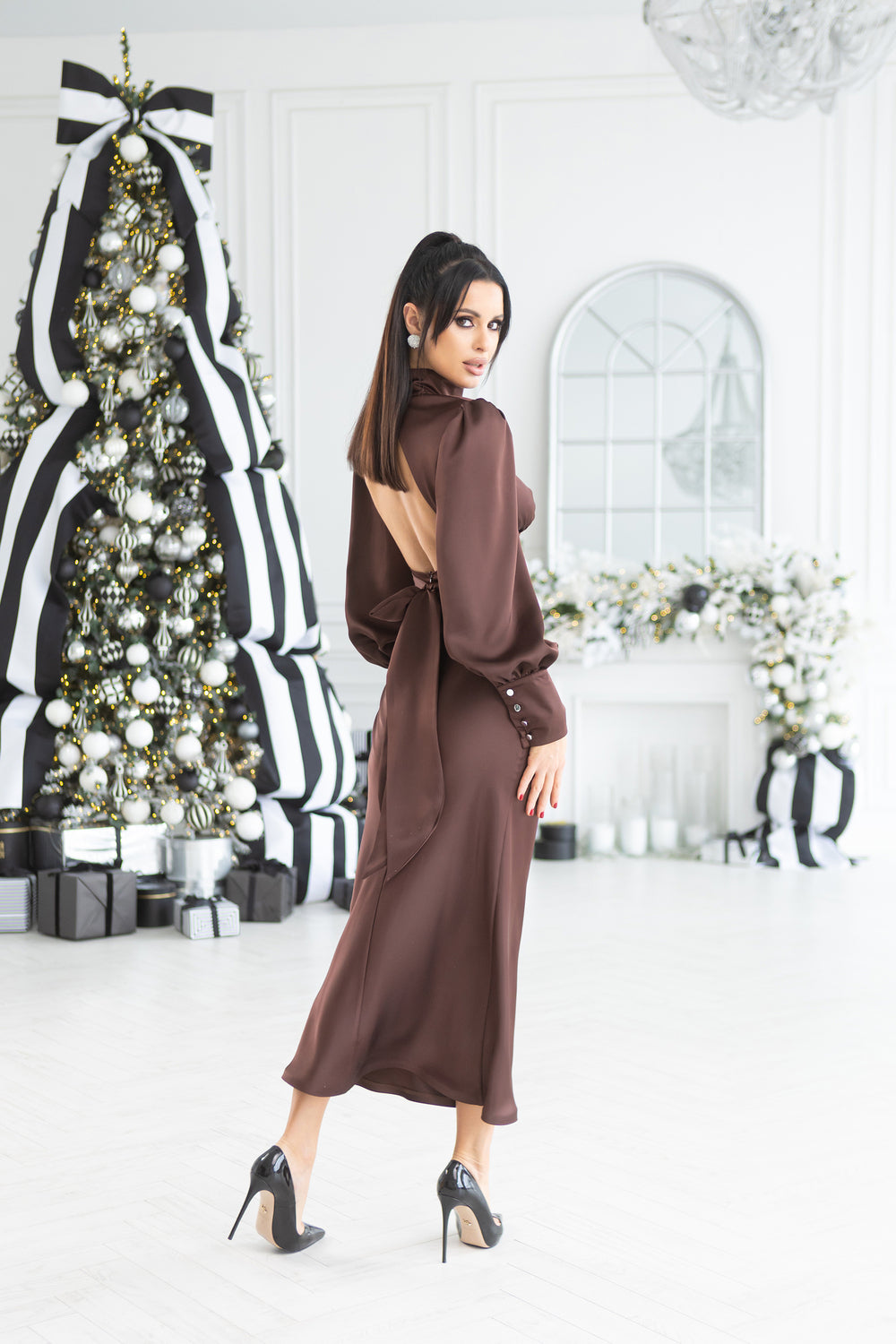 Brown Satin Turtleneck Puff-Sleeve Midi Dress