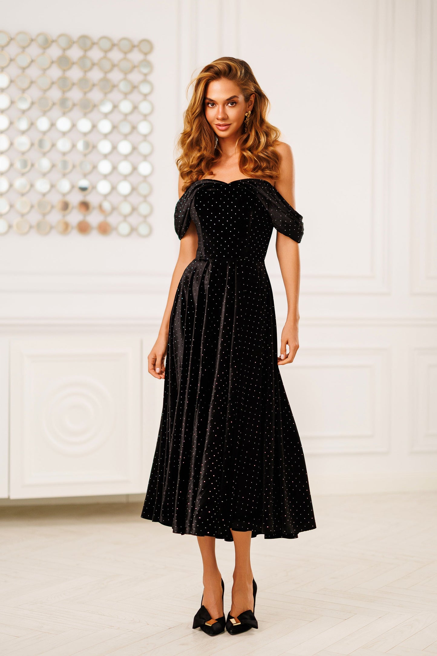 Nova Black Velvet Off-Shoulder Rhinestone Midi Dress