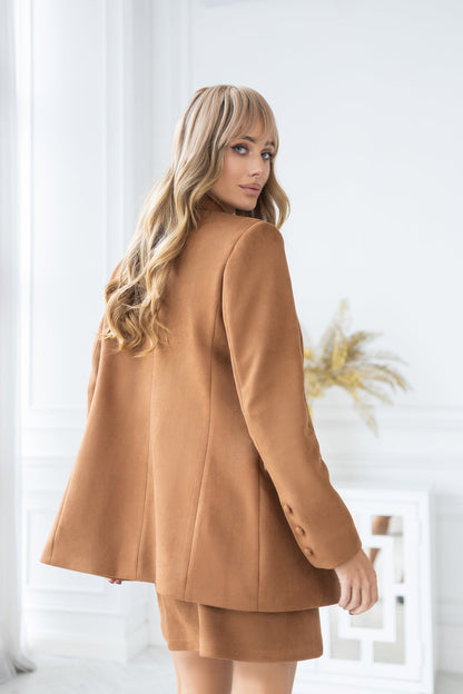 Camel Suede Double-Breasted Jacket Skirt Suit 2-Piece