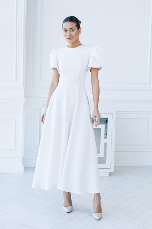 Alexa White Round Neck Puff-Sleeve Midi Dress